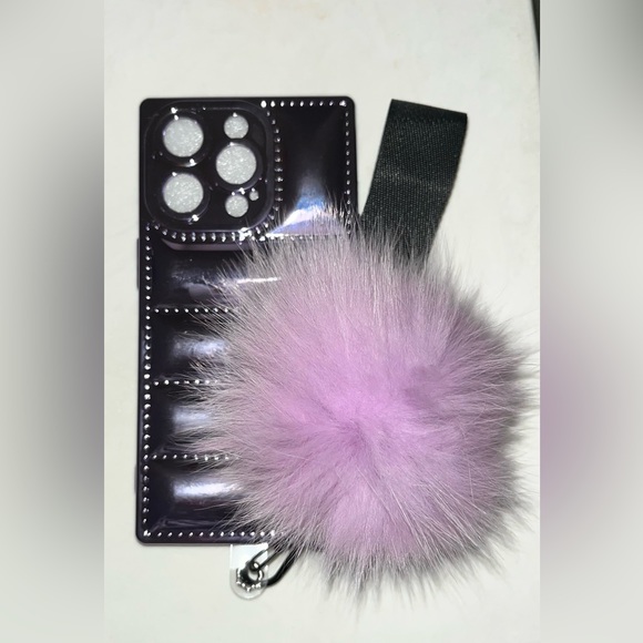 iPhone 14 Pro Metallic Purple Fluffy Pom Pom Phone Case NWT - Picture 4 of 4